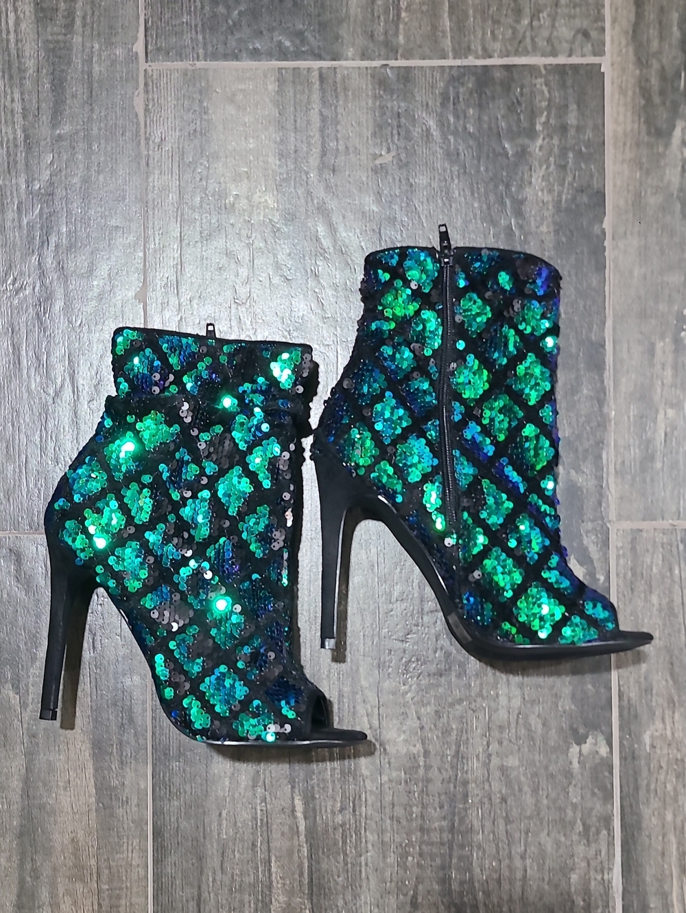 Sequin Open-Toe Ankle Boots - Green/Blue